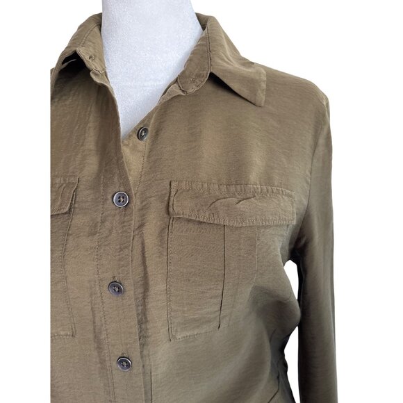 Maeve Anthropologie Dress Size 4 Olive Shirt Collared Pockets Quiet Luxury Minim - Picture 4 of 11